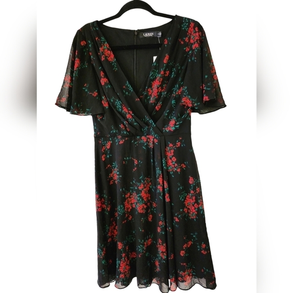 Nwt Lauren Ralph Lauren Floral Flutter-Sleeves Dress Size 2 - Picture 3 of 16